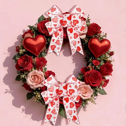 2 Rolls 10 Yards Valentine's Day Wired Edge Ribbon 2.5 Inch Red White Love Heart Fabric Ribbon Sweet Decorative Craft Ribbon for Gift Wrapping DIY Wreath Bows Wedding Anniversary Decoration in Saudi Arabia