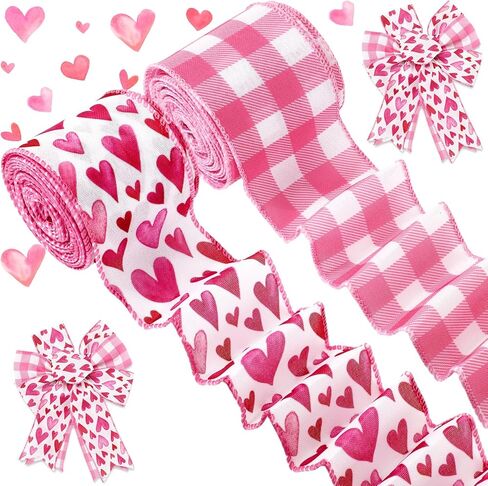 AnyDesign Valentine' s Day Wired Edge Ribbon 2.5 Inch Craft Ribbons Pink Watercolor Heart Fabric Ribbon for Wedding Anniversary DIY Crafts Wreath Bow Making, 2 Rolls, 20 Yard in Saudi Arabia