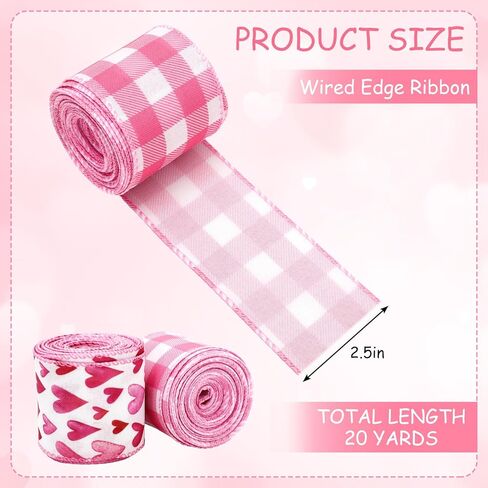 AnyDesign Valentine' s Day Wired Edge Ribbon 2.5 Inch Craft Ribbons Pink Watercolor Heart Fabric Ribbon for Wedding Anniversary DIY Crafts Wreath Bow Making, 2 Rolls, 20 Yard in Saudi Arabia