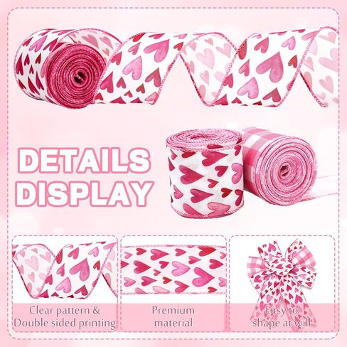 AnyDesign Valentine' s Day Wired Edge Ribbon 2.5 Inch Craft Ribbons Pink Watercolor Heart Fabric Ribbon for Wedding Anniversary DIY Crafts Wreath Bow Making, 2 Rolls, 20 Yard in Saudi Arabia