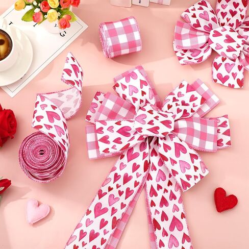 AnyDesign Valentine' s Day Wired Edge Ribbon 2.5 Inch Craft Ribbons Pink Watercolor Heart Fabric Ribbon for Wedding Anniversary DIY Crafts Wreath Bow Making, 2 Rolls, 20 Yard in Saudi Arabia
