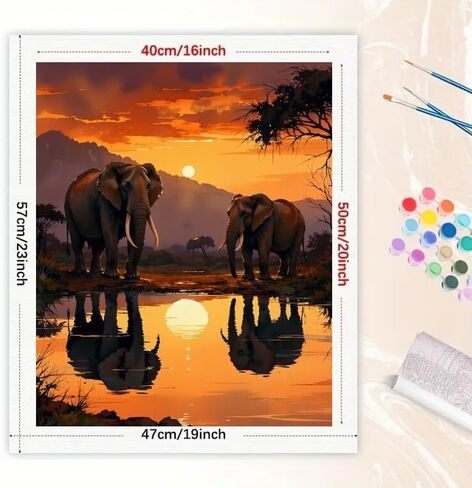 مجموعة طلاء الحيوانات الأفريقية بالأرقام للبالغين - أفيال DIY من خلال رسم انعكاس الماء عند غروب الشمس على القماش مقاس 16 × 20 بوصة، مجموعة طلاء أكريليك، مناسبة للمبتدئين، فن لتزيين المنزل/الهدايا in Kuwait