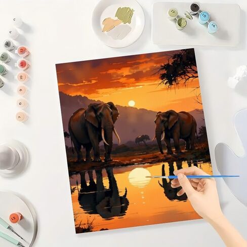 مجموعة طلاء الحيوانات الأفريقية بالأرقام للبالغين - أفيال DIY من خلال رسم انعكاس الماء عند غروب الشمس على القماش مقاس 16 × 20 بوصة، مجموعة طلاء أكريليك، مناسبة للمبتدئين، فن لتزيين المنزل/الهدايا in Kuwait