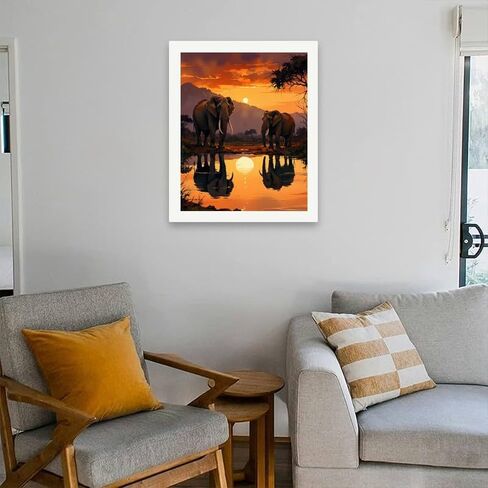 مجموعة طلاء الحيوانات الأفريقية بالأرقام للبالغين - أفيال DIY من خلال رسم انعكاس الماء عند غروب الشمس على القماش مقاس 16 × 20 بوصة، مجموعة طلاء أكريليك، مناسبة للمبتدئين، فن لتزيين المنزل/الهدايا in Kuwait