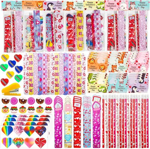 Valentines Day Gifts for Kids - 28 Pack Valentines Stationery Set with Cards, Pencils, Stickers, Erasers, Rulers and Sharpener for Girls Boys Class Exchange, Classroom Prizes and School Party Favors in Saudi Arabia