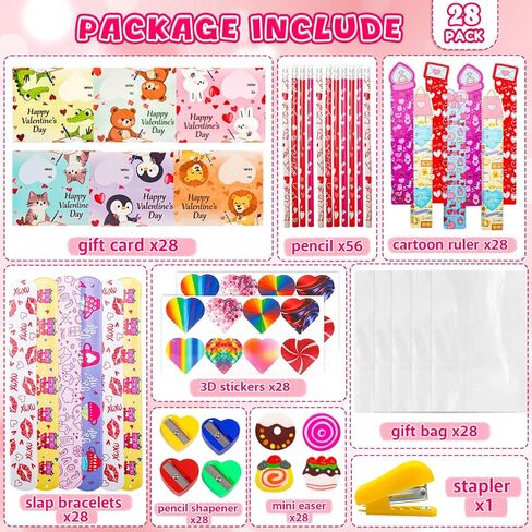 Valentines Day Gifts for Kids - 28 Pack Valentines Stationery Set with Cards, Pencils, Stickers, Erasers, Rulers and Sharpener for Girls Boys Class Exchange, Classroom Prizes and School Party Favors in Saudi Arabia
