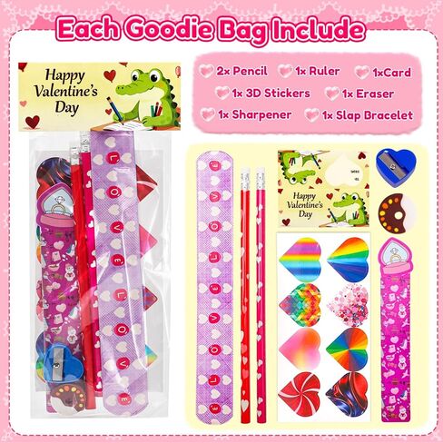 Valentines Day Gifts for Kids - 28 Pack Valentines Stationery Set with Cards, Pencils, Stickers, Erasers, Rulers and Sharpener for Girls Boys Class Exchange, Classroom Prizes and School Party Favors in Saudi Arabia