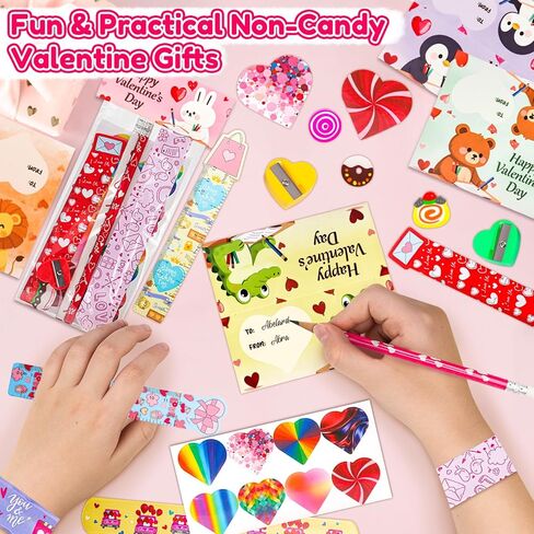 Valentines Day Gifts for Kids - 28 Pack Valentines Stationery Set with Cards, Pencils, Stickers, Erasers, Rulers and Sharpener for Girls Boys Class Exchange, Classroom Prizes and School Party Favors in Saudi Arabia