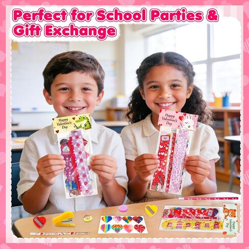 Valentines Day Gifts for Kids - 28 Pack Valentines Stationery Set with Cards, Pencils, Stickers, Erasers, Rulers and Sharpener for Girls Boys Class Exchange, Classroom Prizes and School Party Favors in Saudi Arabia
