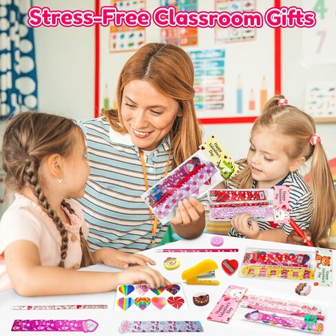 Valentines Day Gifts for Kids - 28 Pack Valentines Stationery Set with Cards, Pencils, Stickers, Erasers, Rulers and Sharpener for Girls Boys Class Exchange, Classroom Prizes and School Party Favors in Saudi Arabia