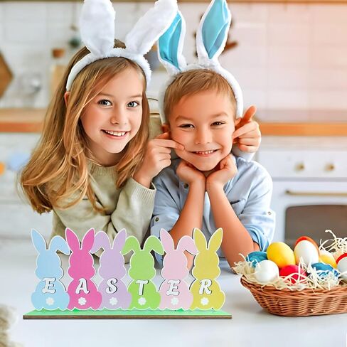 زينة عيد الفصح للمنزل طاولة خشبية مركزية 11.8 × 4.9 بوصة زينة طاولة عيد الفصح ريفي مزرعة أرنب منضدية ديكور صينية متدرجة لمستلزمات حفلات عيد الفصح الربيعية، متعددة الألوان in Kuwait