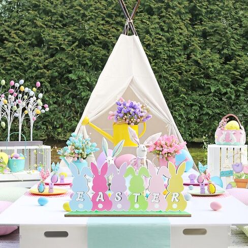 زينة عيد الفصح للمنزل طاولة خشبية مركزية 11.8 × 4.9 بوصة زينة طاولة عيد الفصح ريفي مزرعة أرنب منضدية ديكور صينية متدرجة لمستلزمات حفلات عيد الفصح الربيعية، متعددة الألوان in Kuwait