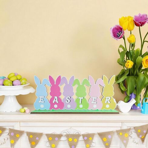 زينة عيد الفصح للمنزل طاولة خشبية مركزية 11.8 × 4.9 بوصة زينة طاولة عيد الفصح ريفي مزرعة أرنب منضدية ديكور صينية متدرجة لمستلزمات حفلات عيد الفصح الربيعية، متعددة الألوان in Kuwait