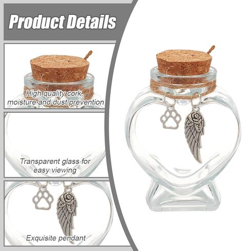WEBEEDY 4 قطع على شكل قلب زجاجات تذكارية لشعر الحيوانات الأليفة، زجاجات زجاجية لجرة الحيوانات الأليفة مع سدادة الفلين وقلادة فضية، جرة تذكارية من فراء الكلاب والقطط لمالك الحيوانات الأليفة هدية تعزية للتعاطف in Kuwait
