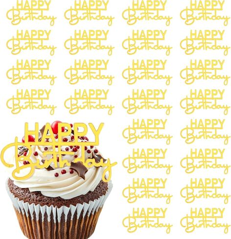 Happy Birthday Cupcake Toppers, 24 Pcs Birthday Cupcake Toppers Acrylic Topper for Celebrating Bday Mini Cakes Decoration Gold Happy Cupcakes Anniversary Theme Party Mirror Sign in Saudi Arabia