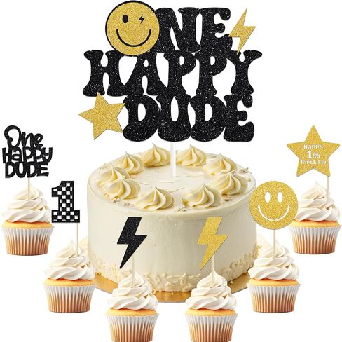 31Pcs One Happy Dude Cake Topper and Glitter Gold Cupcake Topper Happy 1st Birthday Cake Decorations One Happy Dude1st Birthday Party Decorations Party Supplies Black for 1 Years Old Baby in Saudi Arabia