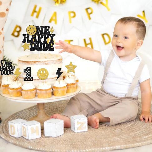 31Pcs One Happy Dude Cake Topper and Glitter Gold Cupcake Topper Happy 1st Birthday Cake Decorations One Happy Dude1st Birthday Party Decorations Party Supplies Black for 1 Years Old Baby in Saudi Arabia
