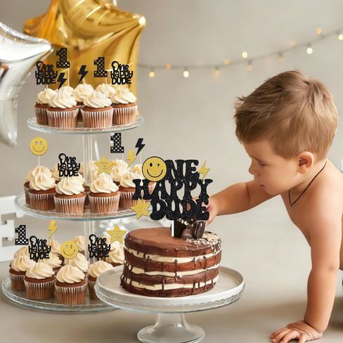 31Pcs One Happy Dude Cake Topper and Glitter Gold Cupcake Topper Happy 1st Birthday Cake Decorations One Happy Dude1st Birthday Party Decorations Party Supplies Black for 1 Years Old Baby in Saudi Arabia
