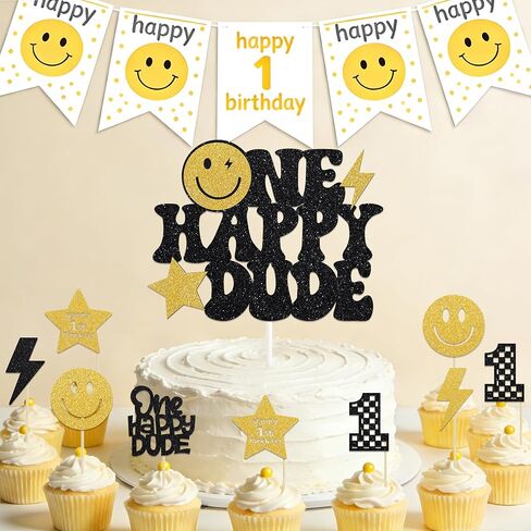 31Pcs One Happy Dude Cake Topper and Glitter Gold Cupcake Topper Happy 1st Birthday Cake Decorations One Happy Dude1st Birthday Party Decorations Party Supplies Black for 1 Years Old Baby in Saudi Arabia