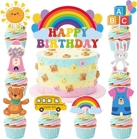 زينة حفلات عيد ميلاد قوس قزح - 49 قطعة من أغطية الكيك للكب كيك، مجموعة الكعك والكب كيك والحلوى، ديكور سعيد للفتيات الكرتونيات الإنجليزية، هدايا مدرسية للأطفال، مشجعي الفصول الدراسية، صور الدعائم in Kuwait