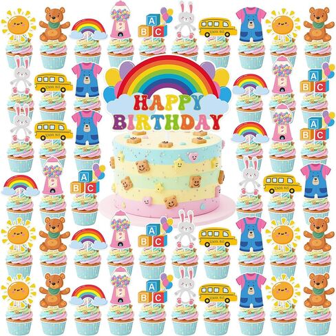 زينة حفلات عيد ميلاد قوس قزح - 49 قطعة من أغطية الكيك للكب كيك، مجموعة الكعك والكب كيك والحلوى، ديكور سعيد للفتيات الكرتونيات الإنجليزية، هدايا مدرسية للأطفال، مشجعي الفصول الدراسية، صور الدعائم in Kuwait