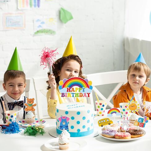 زينة حفلات عيد ميلاد قوس قزح - 49 قطعة من أغطية الكيك للكب كيك، مجموعة الكعك والكب كيك والحلوى، ديكور سعيد للفتيات الكرتونيات الإنجليزية، هدايا مدرسية للأطفال، مشجعي الفصول الدراسية، صور الدعائم in Kuwait