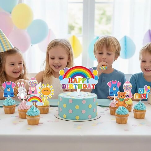 زينة حفلات عيد ميلاد قوس قزح - 49 قطعة من أغطية الكيك للكب كيك، مجموعة الكعك والكب كيك والحلوى، ديكور سعيد للفتيات الكرتونيات الإنجليزية، هدايا مدرسية للأطفال، مشجعي الفصول الدراسية، صور الدعائم in Kuwait