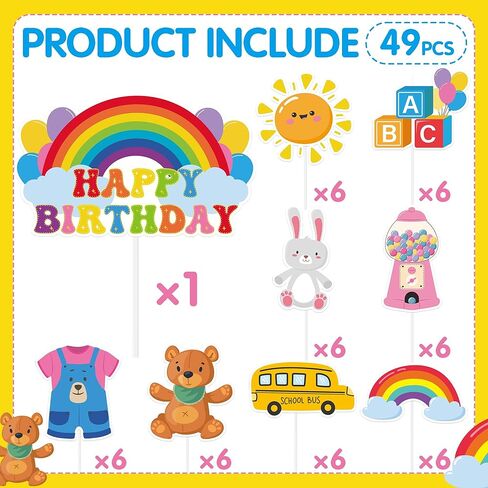 زينة حفلات عيد ميلاد قوس قزح - 49 قطعة من أغطية الكيك للكب كيك، مجموعة الكعك والكب كيك والحلوى، ديكور سعيد للفتيات الكرتونيات الإنجليزية، هدايا مدرسية للأطفال، مشجعي الفصول الدراسية، صور الدعائم in Kuwait