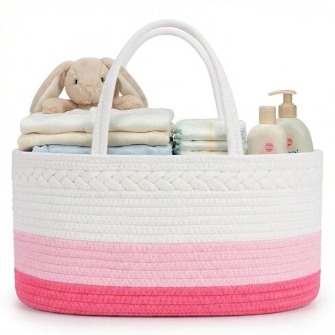 Diaper Caddy Organizer, Large Cotton Rope Nursery Baby Basket, Changing Table Organizer for Baby Diaper Storage, Portable Car Organizer Removable Divider (Off White, Large) in Kuwait