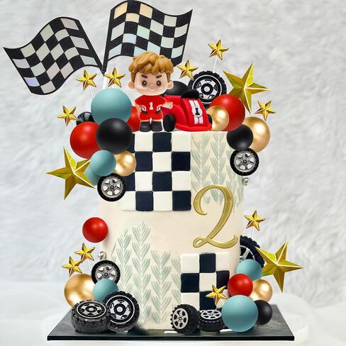 58 قطعة كعكة السباق القبعات العالية سباق السيارات كعكة الزينة متقلب العلم الإطارات نجمة الكرة كعكة الزينة لسباق موضوع حفلة عيد ميلاد لوازم in Kuwait
