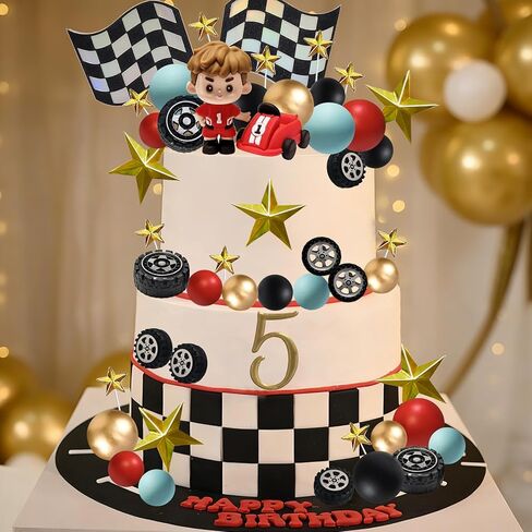 58 قطعة كعكة السباق القبعات العالية سباق السيارات كعكة الزينة متقلب العلم الإطارات نجمة الكرة كعكة الزينة لسباق موضوع حفلة عيد ميلاد لوازم in Kuwait