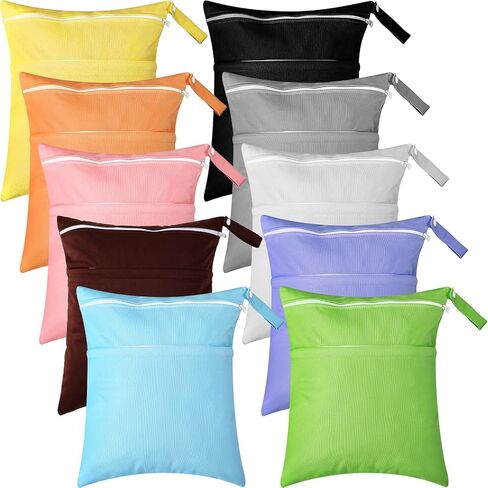 Woanger 10 Pcs Wet Dry Bags for Baby Cloth Diapers Waterproof Reusable Wet Bags with Two Zippered Pockets Travel Laundry Bag for Swimsuit Beach Pool Daycare Yoga Gym Dirty Wet Clothes, 10 Colors in Saudi Arabia