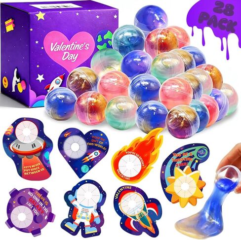 28PCS Galaxy Slime Balls with Space Valentines Cards Slime Stress Relief Fidget for Valentine School Classroom Prize Exchange, Valentine Party Favors in Kuwait