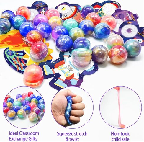 28PCS Galaxy Slime Balls with Space Valentines Cards Slime Stress Relief Fidget for Valentine School Classroom Prize Exchange, Valentine Party Favors in Kuwait