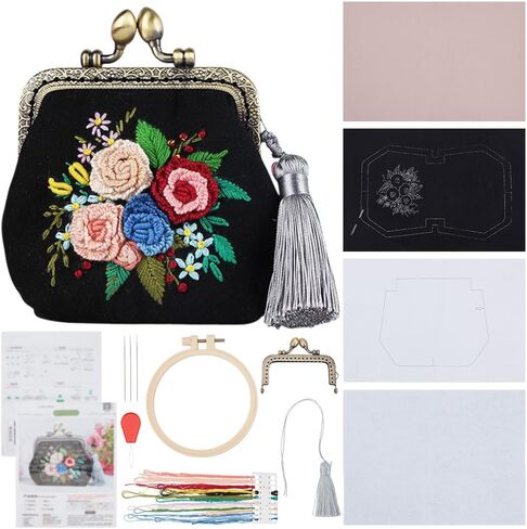 PLIGREAT DIY Flower Embroidery Coin Purse Kits for Beginners, Black Stamped Sewing Handbag with Kiss Clasp Lock Cute Flower Handmade Change Purse Kit with All Supplies for Adults Women DIY Making in Saudi Arabia