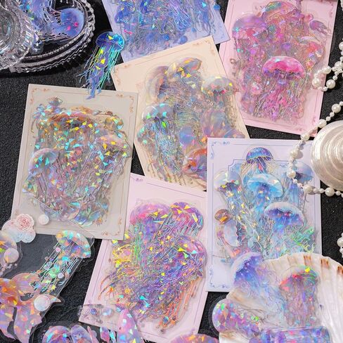120pcs Fantasy Glitter Jellyfish Silver Foil Stickers, 6 Pack Ocean Life Waterproof Holographic Sticker for Scrapbooking Bullet Junk Journals Mixed Media Art Projects Laptop Phone Adult in Saudi Arabia