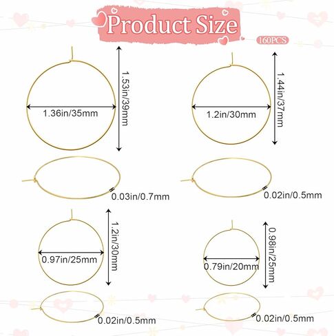 160 Pcs Earring Beading Hoops Gold/Silver Wine Glass Charm Rings Round Hoop Earrings Findings Pin Earrings Beading Hoop Open Earring Ring Accessories for Jewelry Making 20, 25, 30, 35mm in Saudi Arabia
