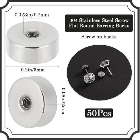 Beebeecraft 1 Box 50Pcs 304 Stainless Steel Screw Earring Backs for 21G/0.7mm Threaded Post Silver Flat Round Jewelry Earring Making Supplies in Saudi Arabia