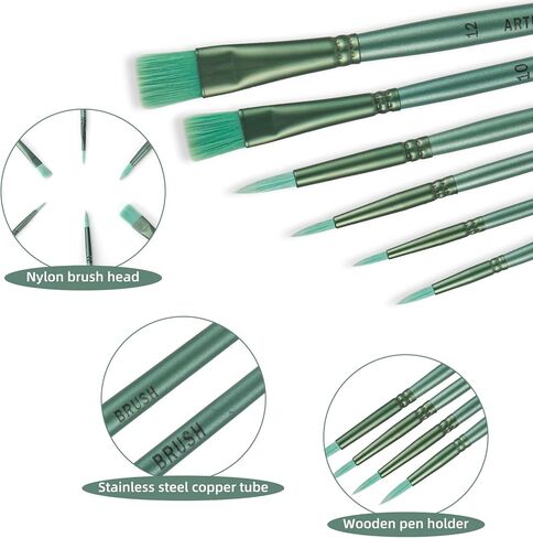 مجموعة 6 قطع من فرش طلاء الأكريليك، فرش فنان شعر نايلون احترافية للرسم بالألوان المائية الزيتية والتفاصيل الدقيقة والضربات العريضة للمبتدئين المحترفين (أخضر) in Kuwait