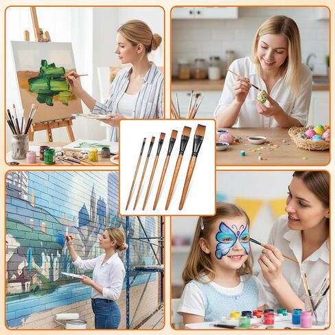 6 Pcs Flat Paint Brushes, Nylon Artist Paint Brushes Flat Paints Wood Handle Acrylic Brush for Oil Painting, Art Detail in Saudi Arabia