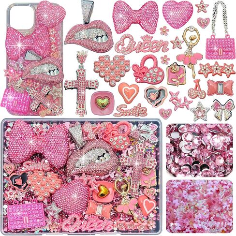 Junk Case Charms Kit, Pink Junks Phones Cases 3D Rhinestone Cool teeth and lips And Bows Chain Bags Hearts And Cross Flowers And Other Bedazzling Kits Can Be Used In DIY Phone Case Designs in Saudi Arabia