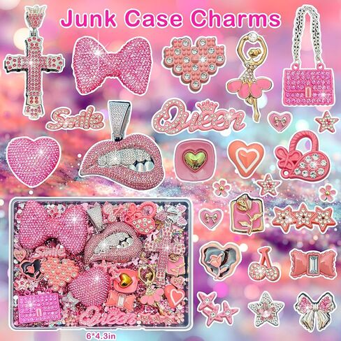 Junk Case Charms Kit, Pink Junks Phones Cases 3D Rhinestone Cool teeth and lips And Bows Chain Bags Hearts And Cross Flowers And Other Bedazzling Kits Can Be Used In DIY Phone Case Designs in Saudi Arabia
