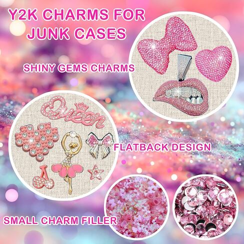 Junk Case Charms Kit, Pink Junks Phones Cases 3D Rhinestone Cool teeth and lips And Bows Chain Bags Hearts And Cross Flowers And Other Bedazzling Kits Can Be Used In DIY Phone Case Designs in Saudi Arabia