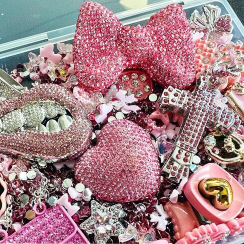 Junk Case Charms Kit, Pink Junks Phones Cases 3D Rhinestone Cool teeth and lips And Bows Chain Bags Hearts And Cross Flowers And Other Bedazzling Kits Can Be Used In DIY Phone Case Designs in Saudi Arabia