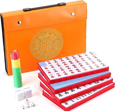 Mose Cafolo Traditional Chinese Mahjong Set – 144 Melamine 36mm Standard Size Tiles + 2 Spare Tiles, No Arabic Numerals, Travel Case, Complete Mahjong Game, Blue in Saudi Arabia
