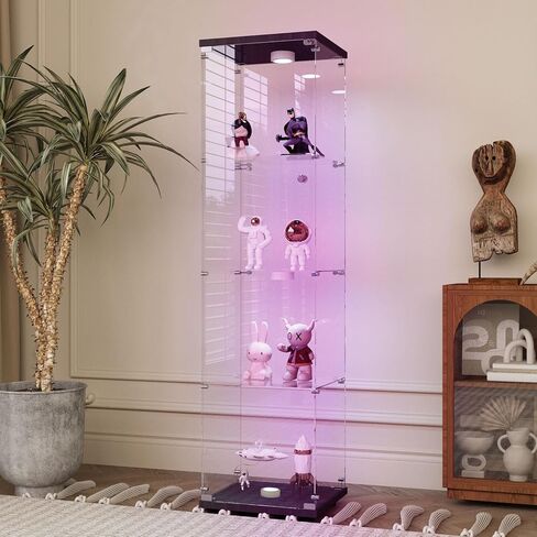 Glass Display Cabinet with LED Lights, 2-Shelf Curio Cabinets with 2 Doors&Lock&Wheels, Floor Standing Glass Top Bookshelf Collectibles Toys Display Case for Living Room Office, Black in Saudi Arabia