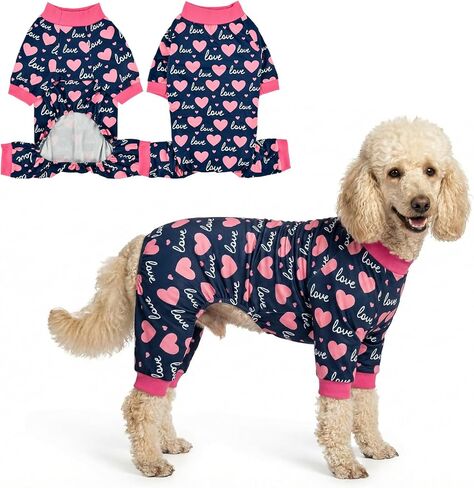 Valentine's Day Dog Pajama Heart Pattern Dog Onesie Jumpsuits Soft Pet Love-Themed Pjs Festival Dog Outfit Costume Apparel Clothes for Medium Large Dogs Pink XXL in Kuwait