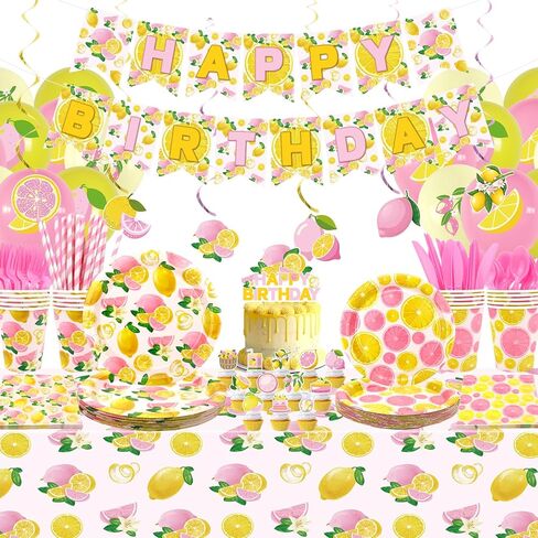 Lemon Birthday Party Decorations for Girl - Pink Lemon Party Supplies including Banner, Plate, Cake Topper, Cup, Napkin, Balloon, Tablecloth - Serves 20 in Saudi Arabia