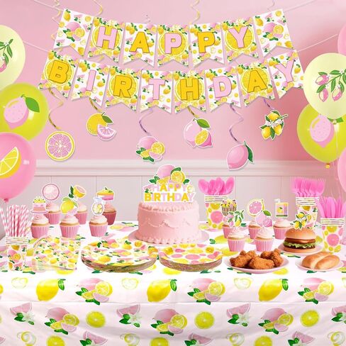 Lemon Birthday Party Decorations for Girl - Pink Lemon Party Supplies including Banner, Plate, Cake Topper, Cup, Napkin, Balloon, Tablecloth - Serves 20 in Saudi Arabia