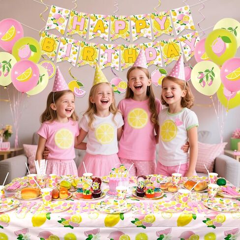 Lemon Birthday Party Decorations for Girl - Pink Lemon Party Supplies including Banner, Plate, Cake Topper, Cup, Napkin, Balloon, Tablecloth - Serves 20 in Saudi Arabia